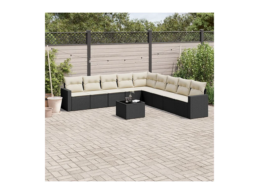 10-delige Loungeset met kussens poly rattan zwart