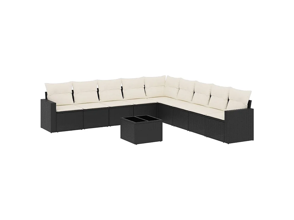 10-delige Loungeset met kussens poly rattan zwart