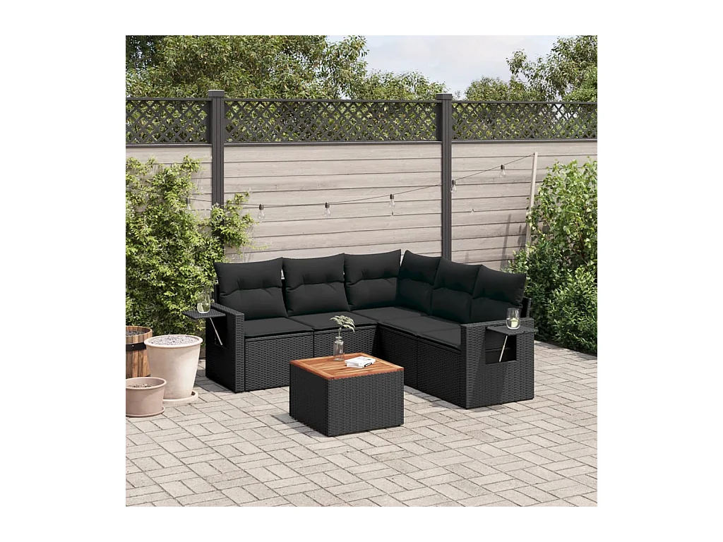 Set Divano da Giardino 6 pz con Cuscini Nero in Polyrattan