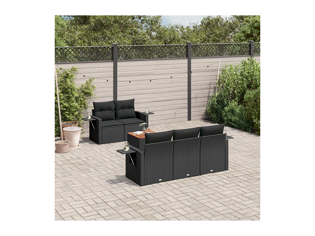 Salon de jardin 6 pcs avec coussins noir résine tressée
