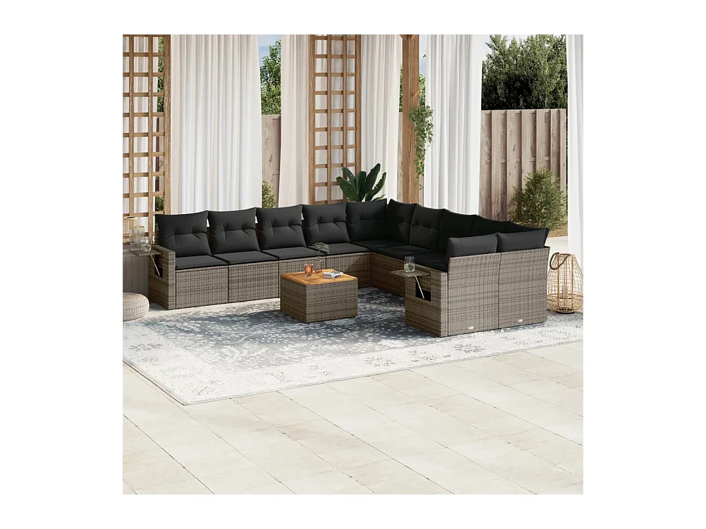 11-tlg. Garten-Sofagarnitur mit Kissen Grau Poly Rattan