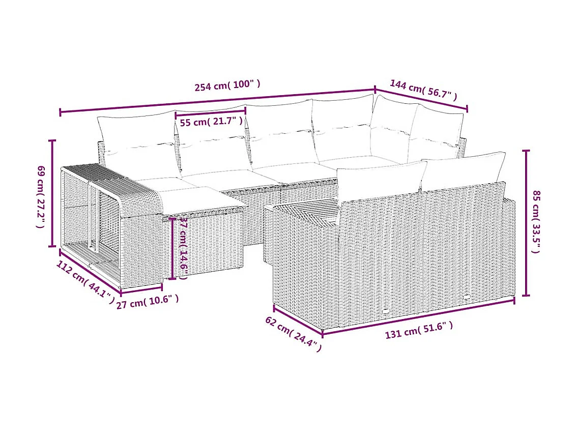 11-delige Tuinset met kussens poly rattan beige