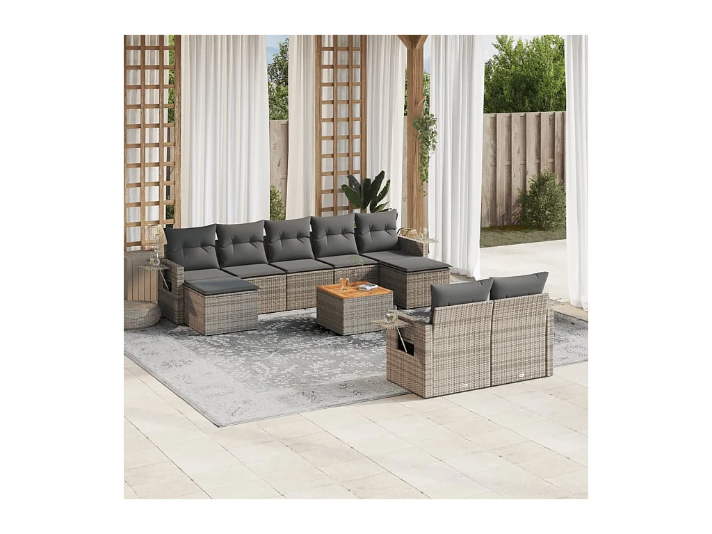 Salon de jardin avec coussins 10 pcs gris résine tressée