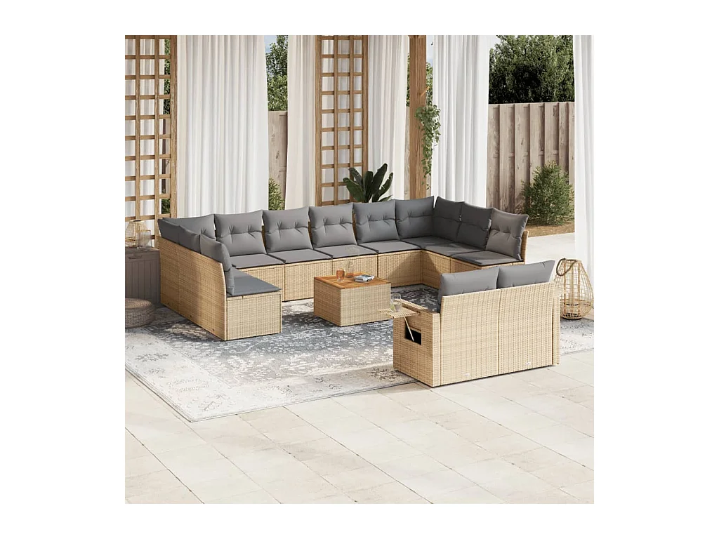 13-tlg. Garten-Sofagarnitur mit Kissen Beige Poly Rattan