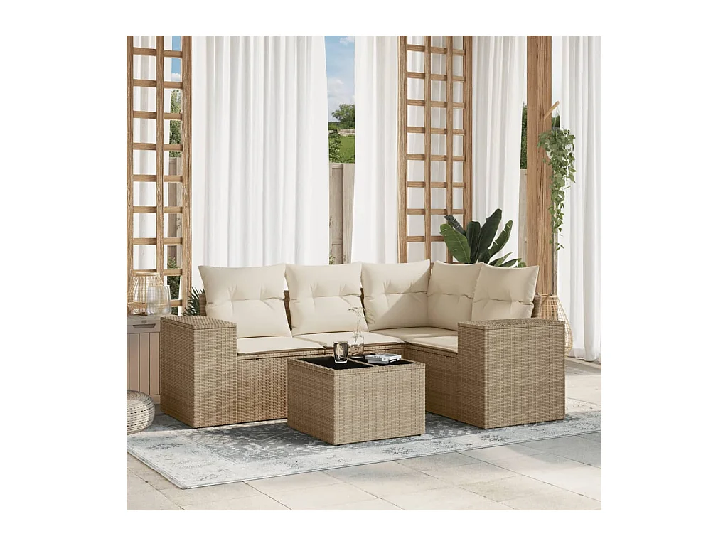 Salon de jardin avec coussins 5 pcs beige résine tressée