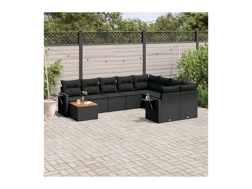 Set Divani da Giardino 10pz con Cuscini in Polyrattan Nero