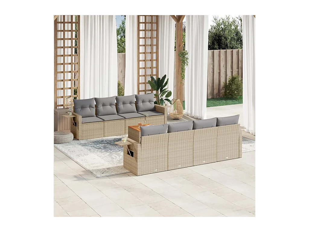 Set Divano da Giardino 9 pz con Cuscini Beige in Polyrattan