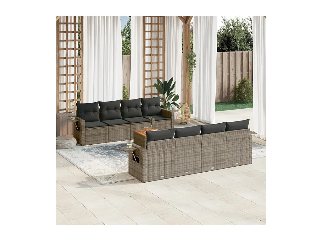 9-tlg. Garten-Sofagarnitur mit Kissen Grau Poly Rattan
