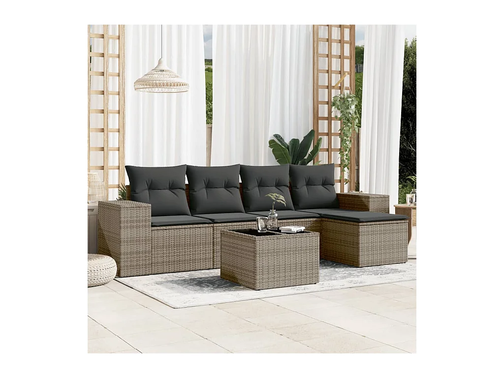 Salon de jardin 6 pcs avec coussins gris résine tressée