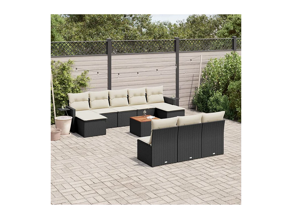 Salon de jardin 11 pcs avec coussins noir résine tressée