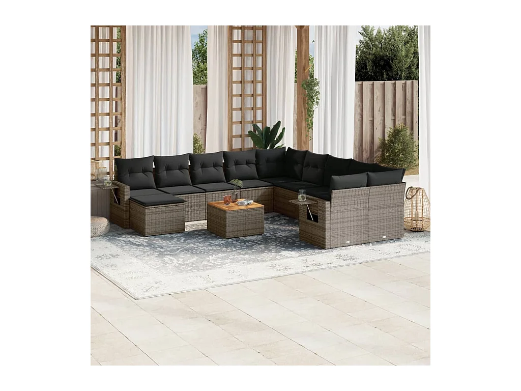 Salon de jardin avec coussins 12 pcs gris résine tressée