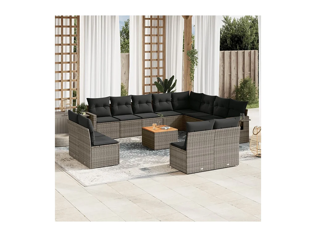 13-tlg. Garten-Sofagarnitur mit Kissen Grau Poly Rattan