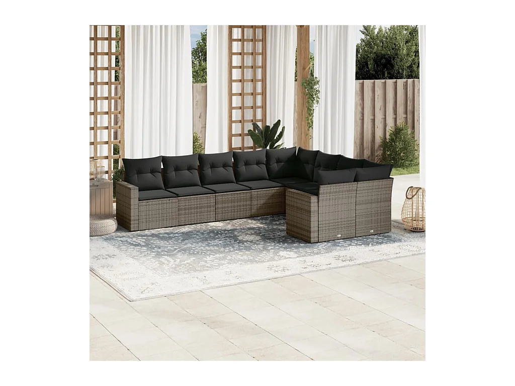 Set Divano da Giardino 9 pz con Cuscini Grigio in Polyrattan
