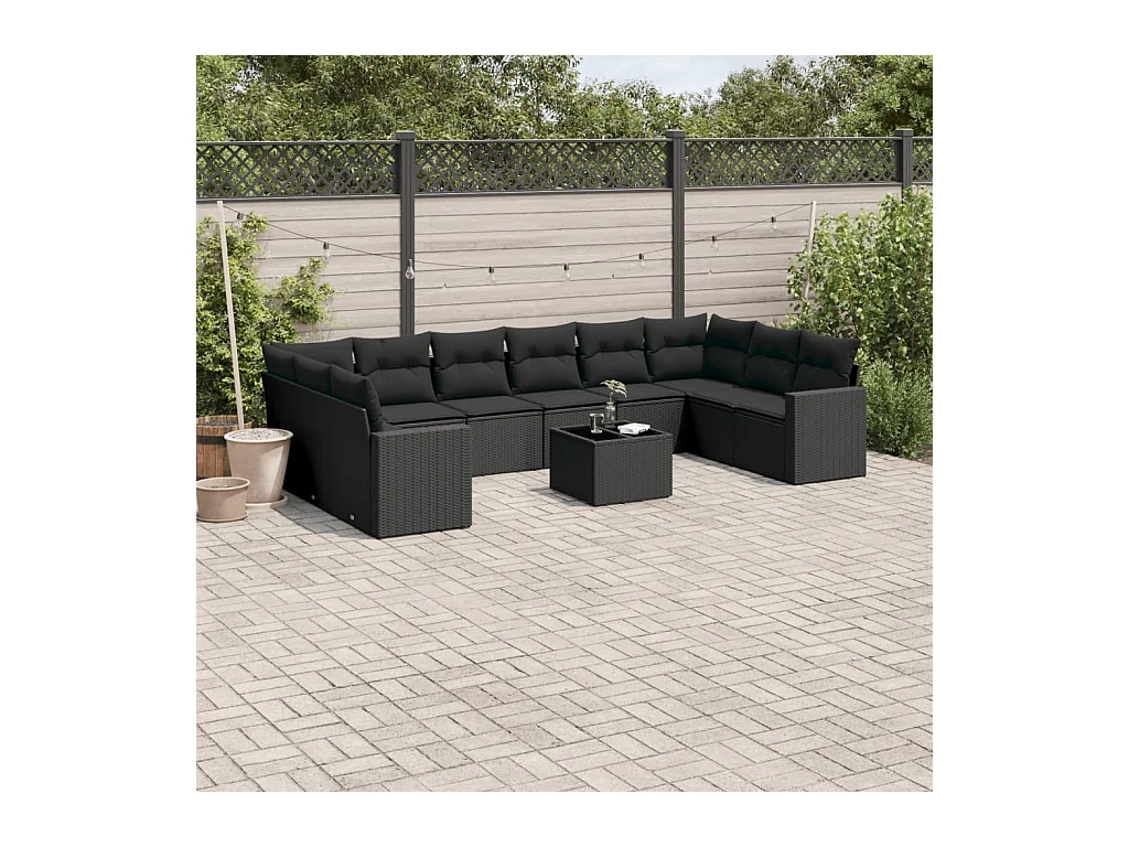 Salon de jardin 11 pcs avec coussins noir résine tressée