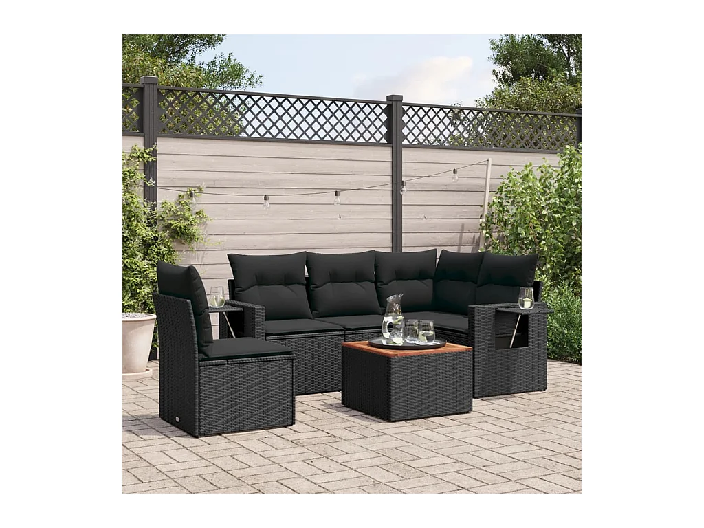 6-delige Loungeset met kussens poly rattan zwart