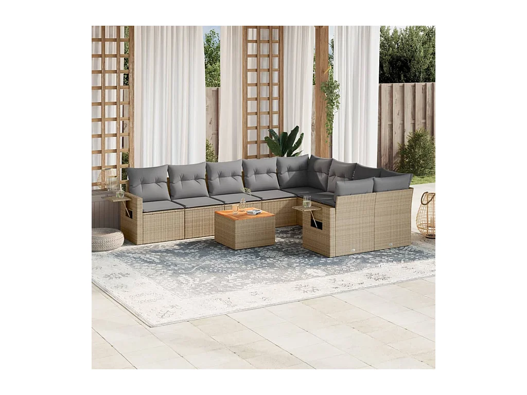 Set Divano da Giardino 10 pz con Cuscini Beige in Polyrattan