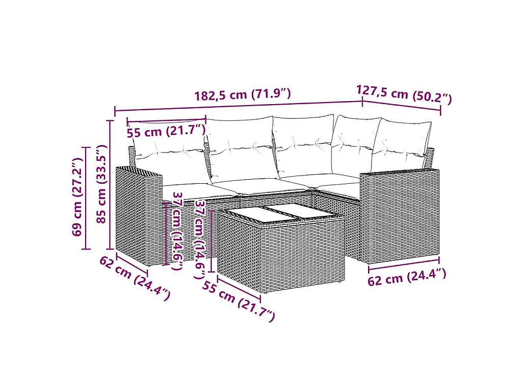 5 pcs conjunto sofás de jardim com almofadões vime PE preto