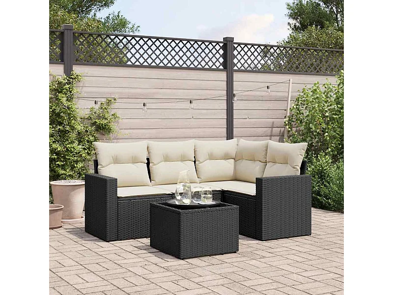 5-delige Loungeset met kussens poly rattan zwart