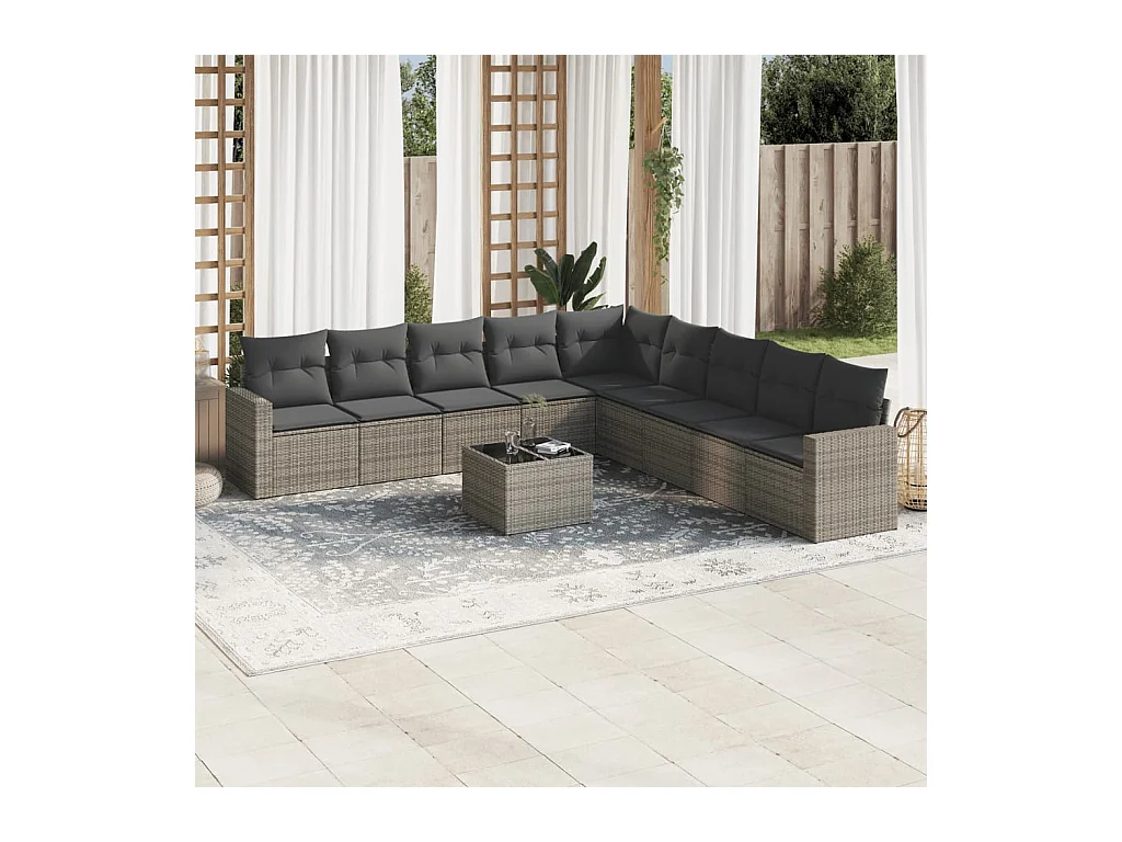 Salon de jardin avec coussins 10 pcs gris résine tressée