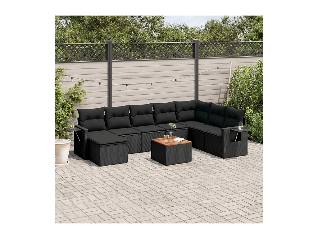 Salon de jardin 9 pcs avec coussins noir résine tressée