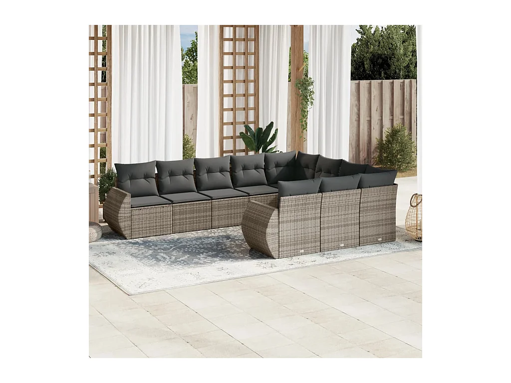 Set Divano da Giardino 10 pz con Cuscini Grigio in Polyrattan