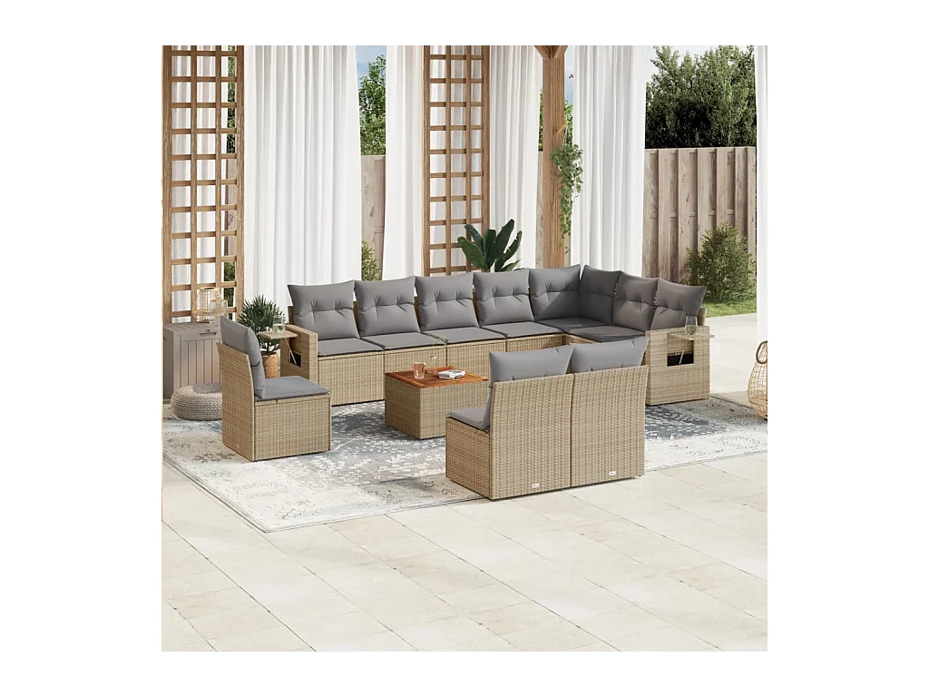 Set Divani da Giardino 11 pz con Cuscini Beige in Polyrattan