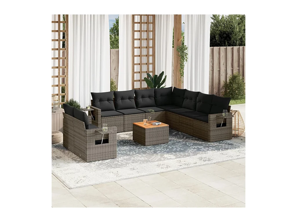 Salon de jardin avec coussins 10 pcs gris résine tressée