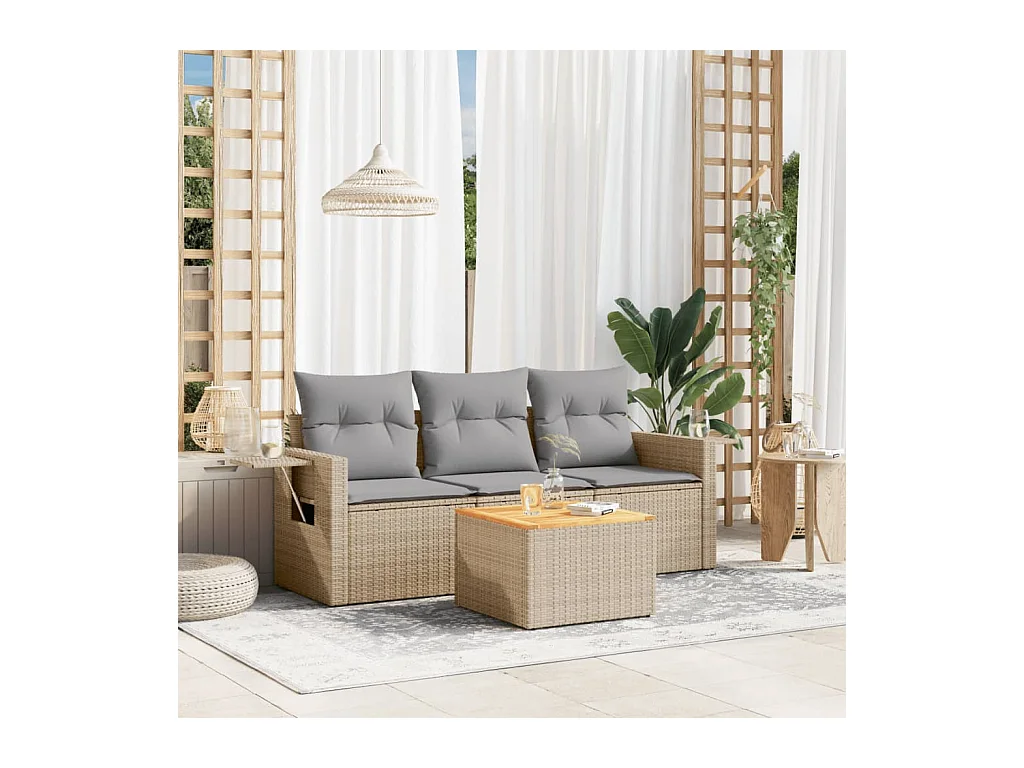 4-delige Loungeset met kussens poly rattan beige