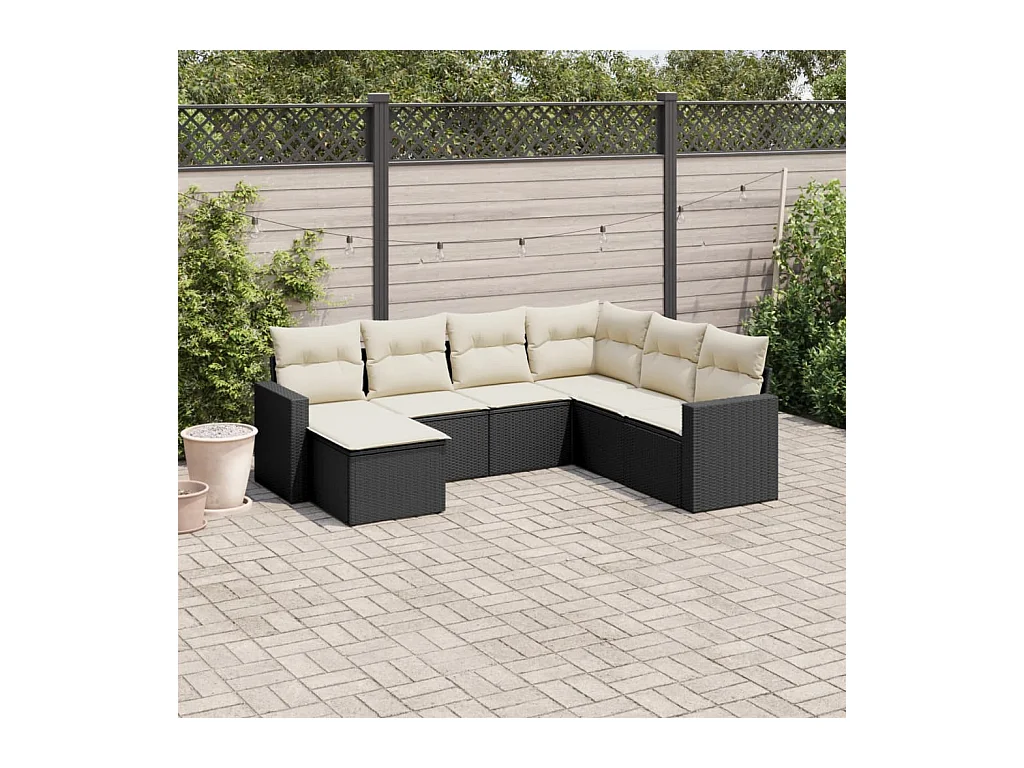 Salon de jardin 7 pcs avec coussins noir résine tressée