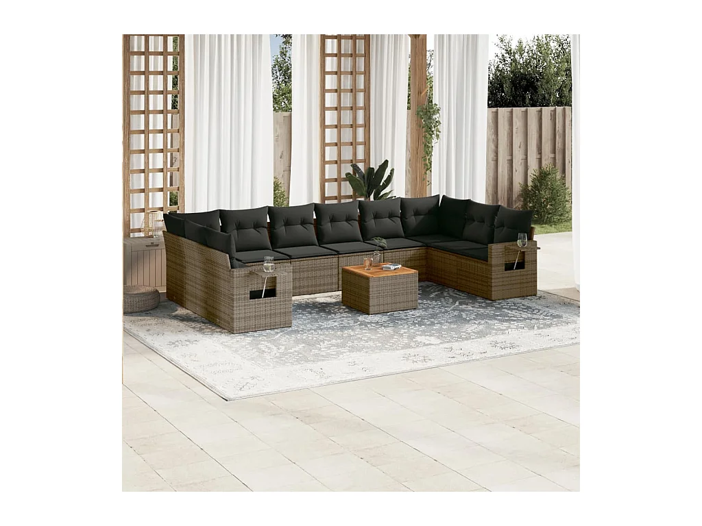11-tlg. Garten-Sofagarnitur mit Kissen Grau Poly Rattan
