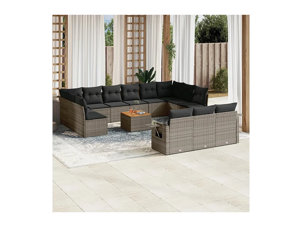Set Divani da Giardino 14pz con Cuscini in Polyrattan Grigio