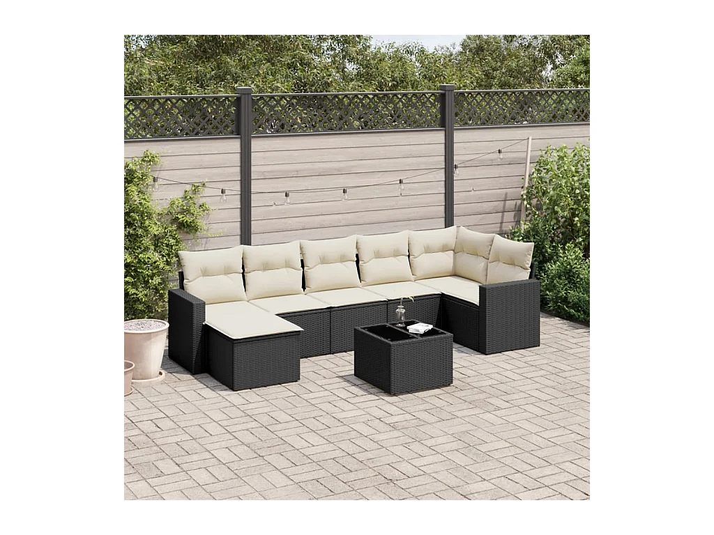 8-delige Loungeset met kussens poly rattan zwart