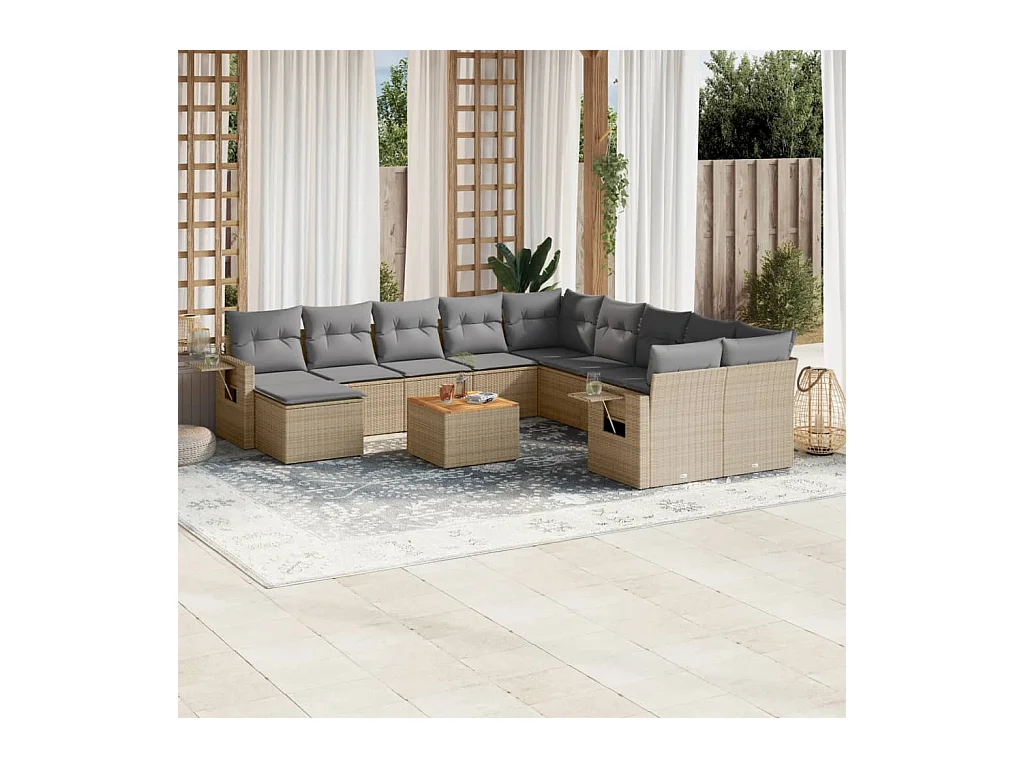 Set Divani da Giardino 12 pz con Cuscini Beige in Polyrattan