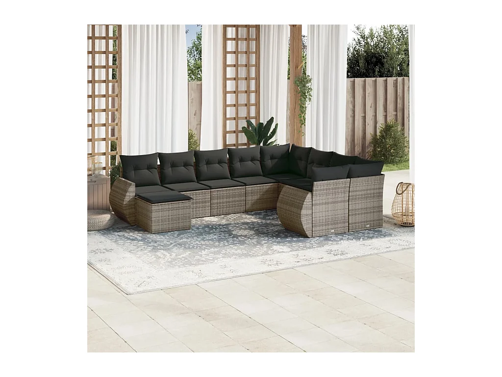 Salon de jardin avec coussins 10 pcs gris résine tressée