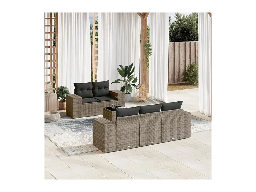 6-delige Loungeset met kussens poly rattan grijs
