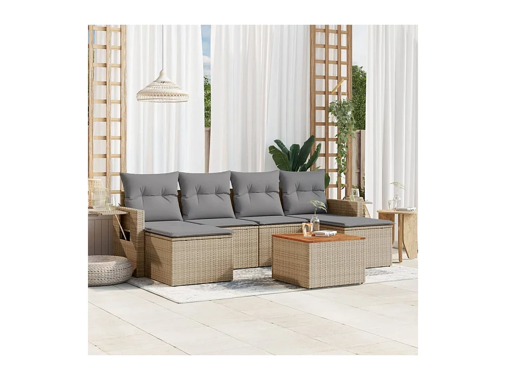 7-delige Loungeset met kussens poly rattan beige