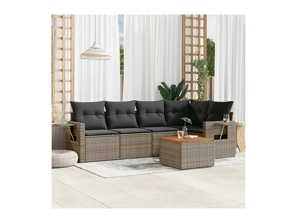 6-delige Loungeset met kussens poly rattan grijs