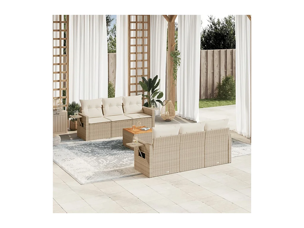 7-delige Loungeset met kussens poly rattan beige