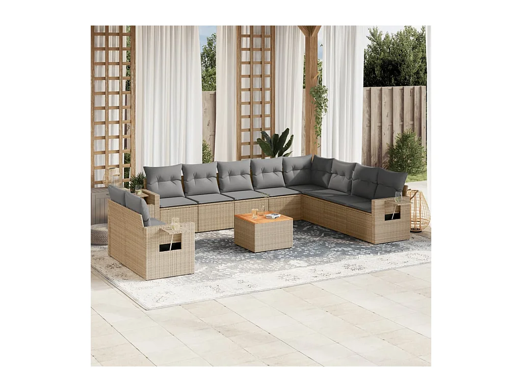 Salon de jardin 11 pcs avec coussins beige résine tressée