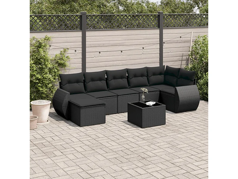 Salon de jardin 8 pcs avec coussins noir résine tressée