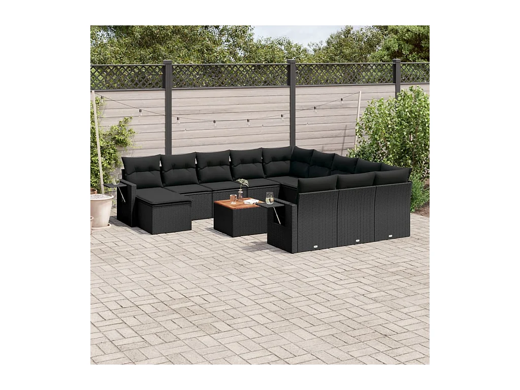 Set Divani da Giardino 13pz con Cuscini Nero in Polyrattan