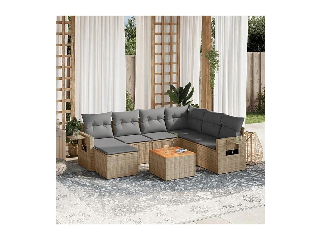 8-tlg. Garten-Sofagarnitur mit Kissen Beige Poly Rattan