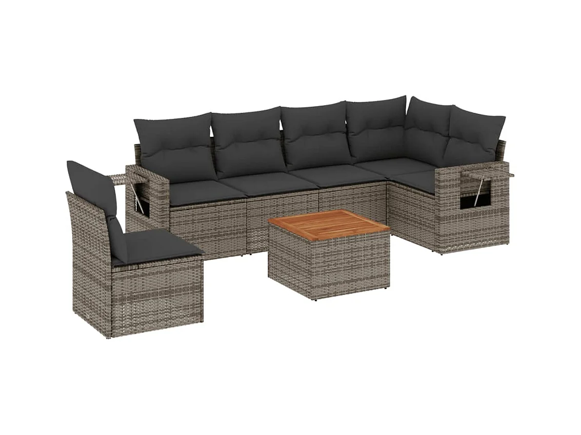 7-delige Loungeset met kussens poly rattan grijs