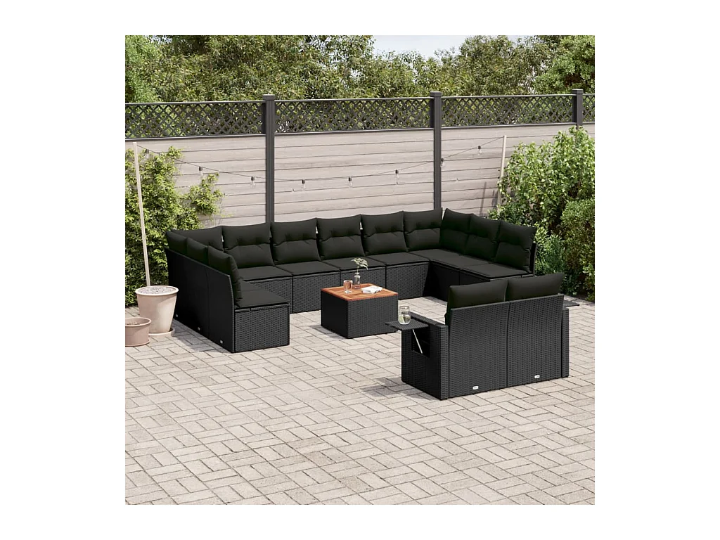 Salon de jardin avec coussins 13 pcs noir résine tressée