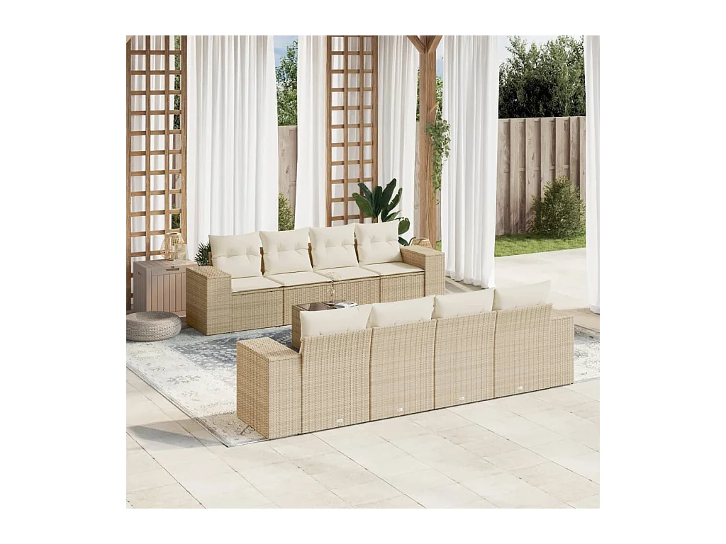 9-delige Loungeset met kussens poly rattan beige