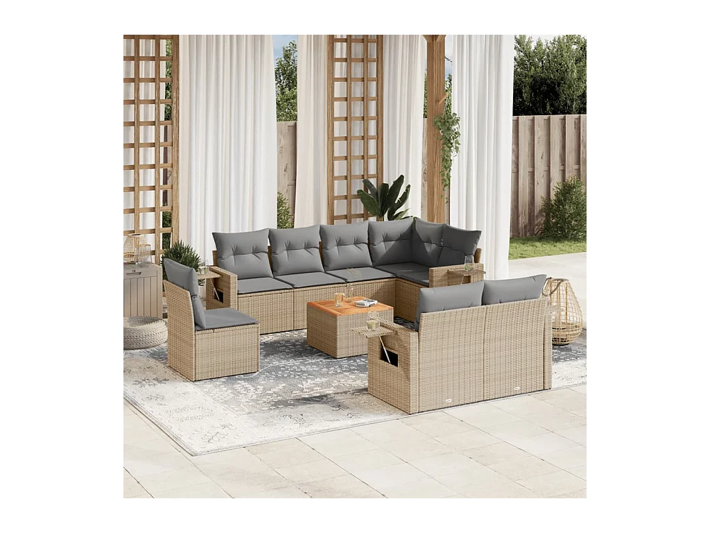 Set Divano da Giardino 9 pz con Cuscini Beige in Polyrattan