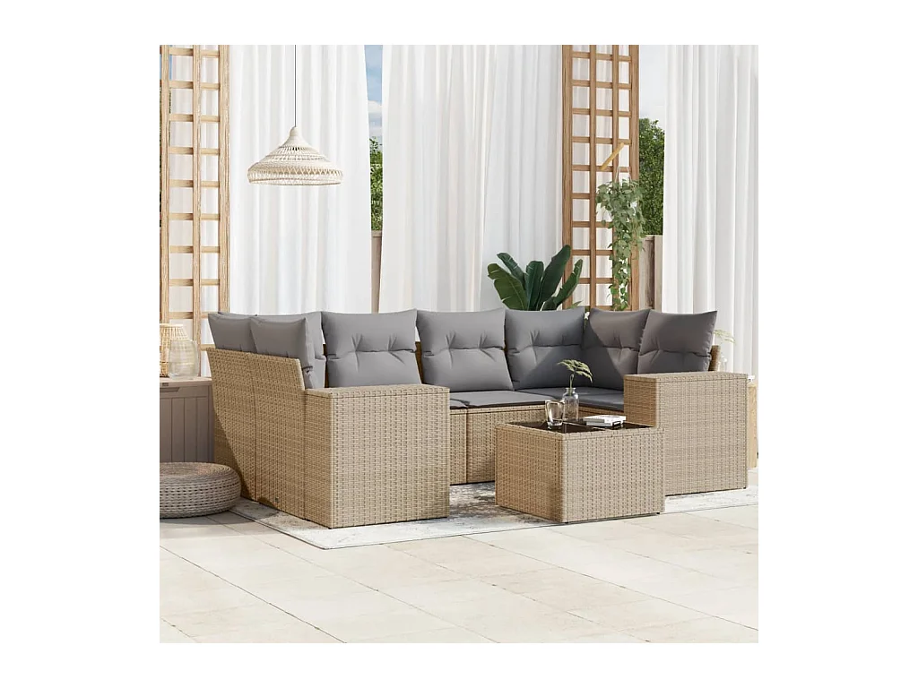 7-delige Loungeset met kussens poly rattan beige