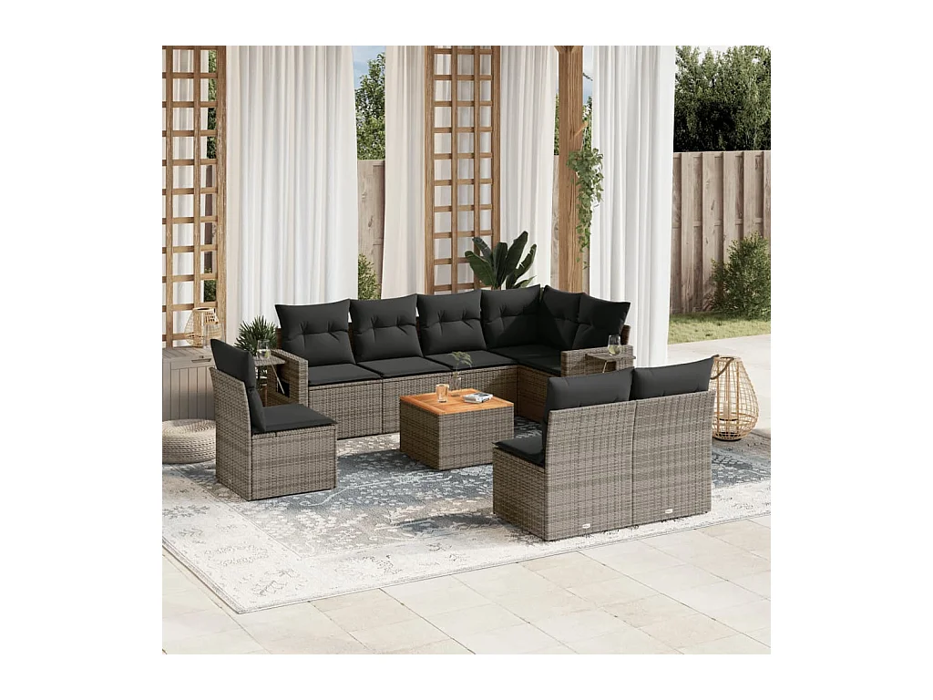 9-delige Loungeset met kussens poly rattan grijs