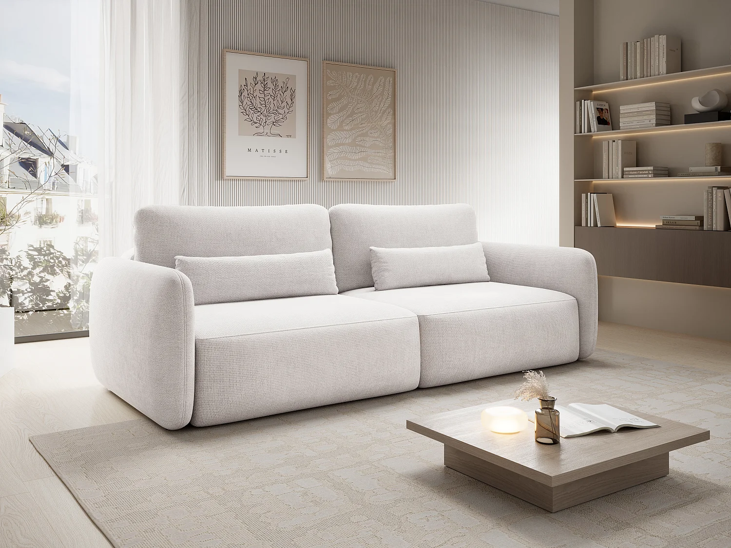 Canapé 3 places convertible en tissu texturé beige VOPOZA