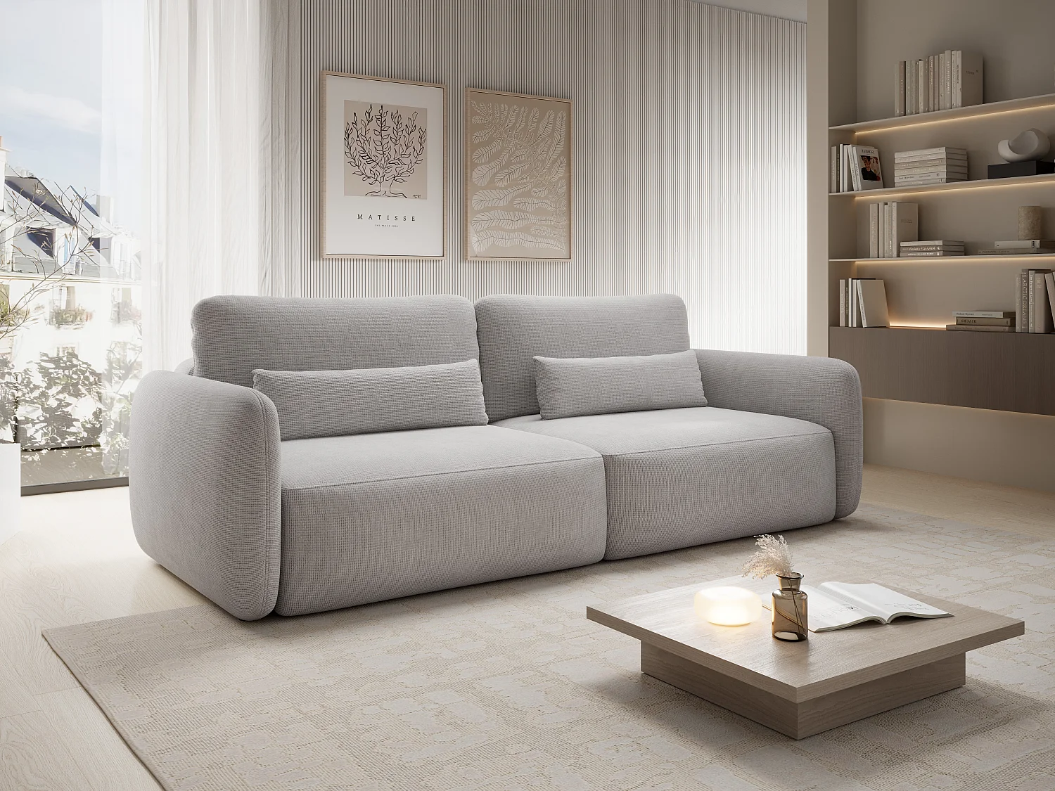 Canapé 3 places convertible en tissu texturé gris clair VOPOZA